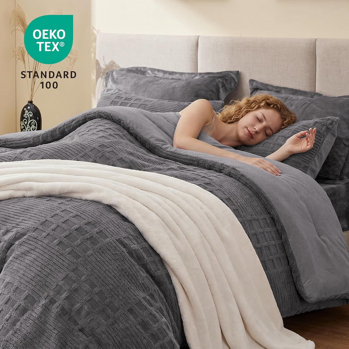 Waffle Fluffy Comforter Set King Size - Super Soft Faux Fur Stripe Jacquard Comforter 3 Pieces, Grey Fleece Bedding Set,Winter Warm Bed Set,1 Comforter with 2 Pillowcases