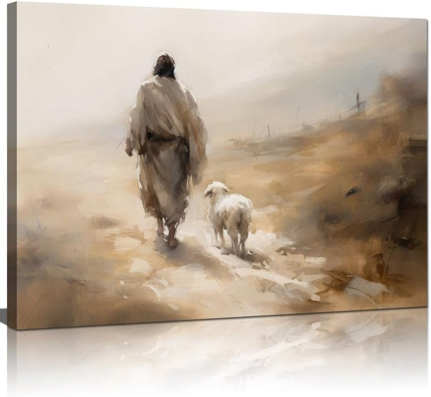 Jesus Wall Art Boho Jesus and Lamb Canvas Wall Art Scripture Wall Art Religious Wall Decor Christian Canvas Wall Art Prints Home Decor for Bathroom Living Room Kitchen Bedroom 24X16Inch
