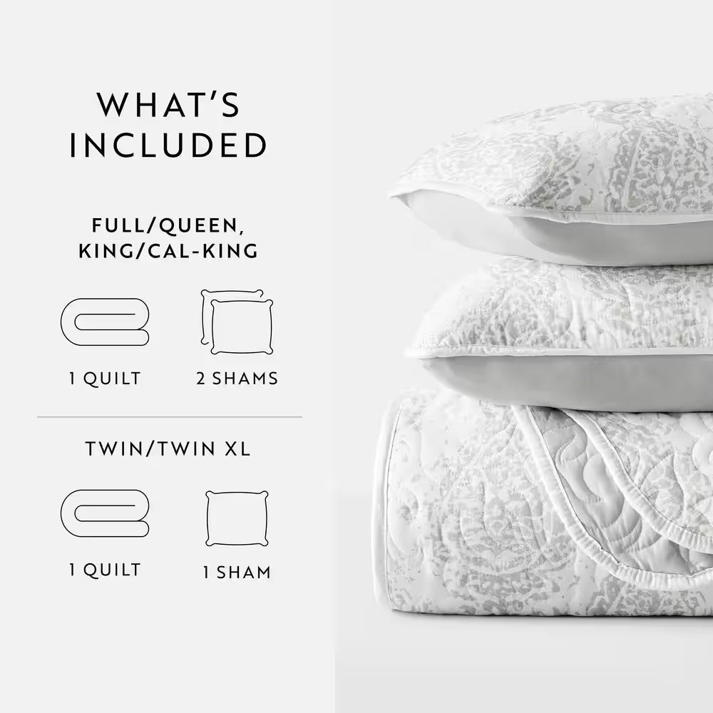 All Season 3-Pcs Distressed Damask Reversible Microfiber Quilt Set with Shams