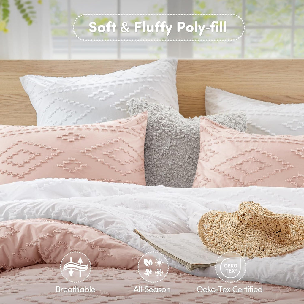 Comforter for King Size Bed, Geometric Diamond Tufted Boho Comforter Set, All Season Lightweight Bedding Set, Matching Sham, King/Cal King Pink 3 Piece