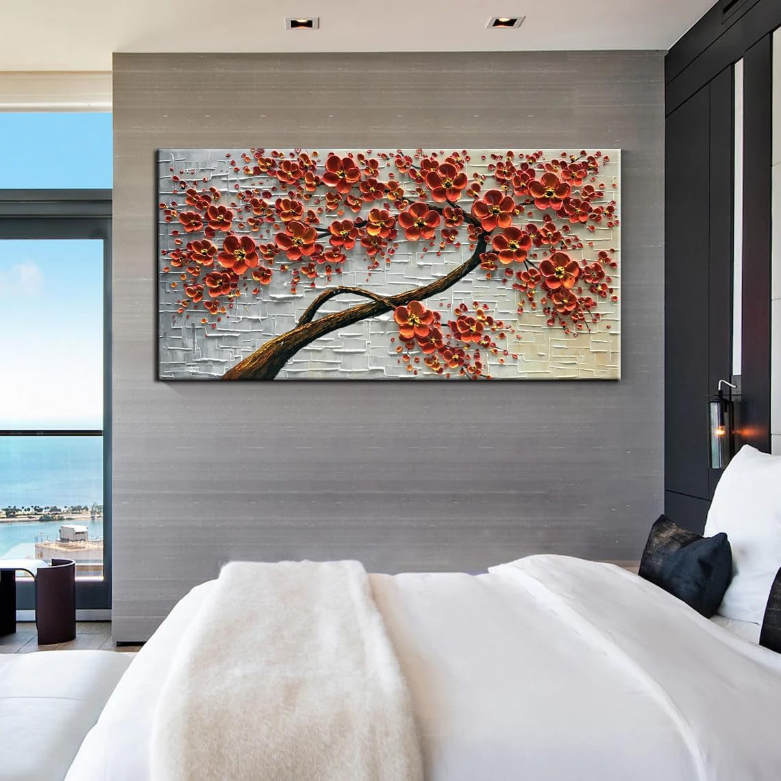 - 48X24Inch Canvas Wall Art, Hand Painted Oil Painting ,Abstract 3D Texture Wall Art Pictures, Red Floral Paintings, Modern Home Bedroom Wall Art Decor, Wall Art for Living Room, Large Framed Oil Painting.