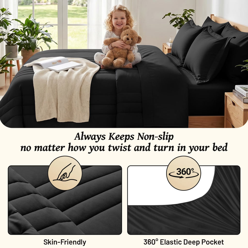 7-Piece Bed in Bag - Queen Size Striped Comforter Sets, Pillowcases & Sheet Collection for Cozy Bedding Sets - Black