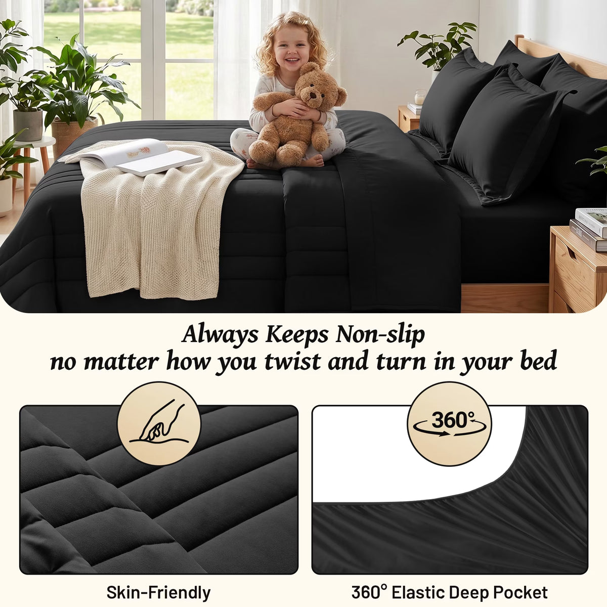 7-Piece Bed in Bag - Queen Size Striped Comforter Sets, Pillowcases & Sheet Collection for Cozy Bedding Sets - Black