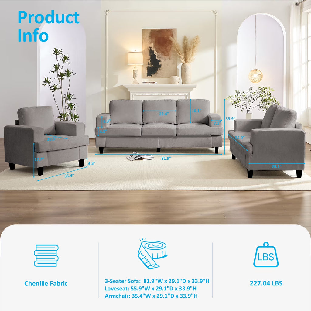 3 Piece Living Room Furniture Sets, Modern Chenille Sofa Set for Living Room/Small Spaces, Sofa, Loveseat and Armchair, Light Gray
