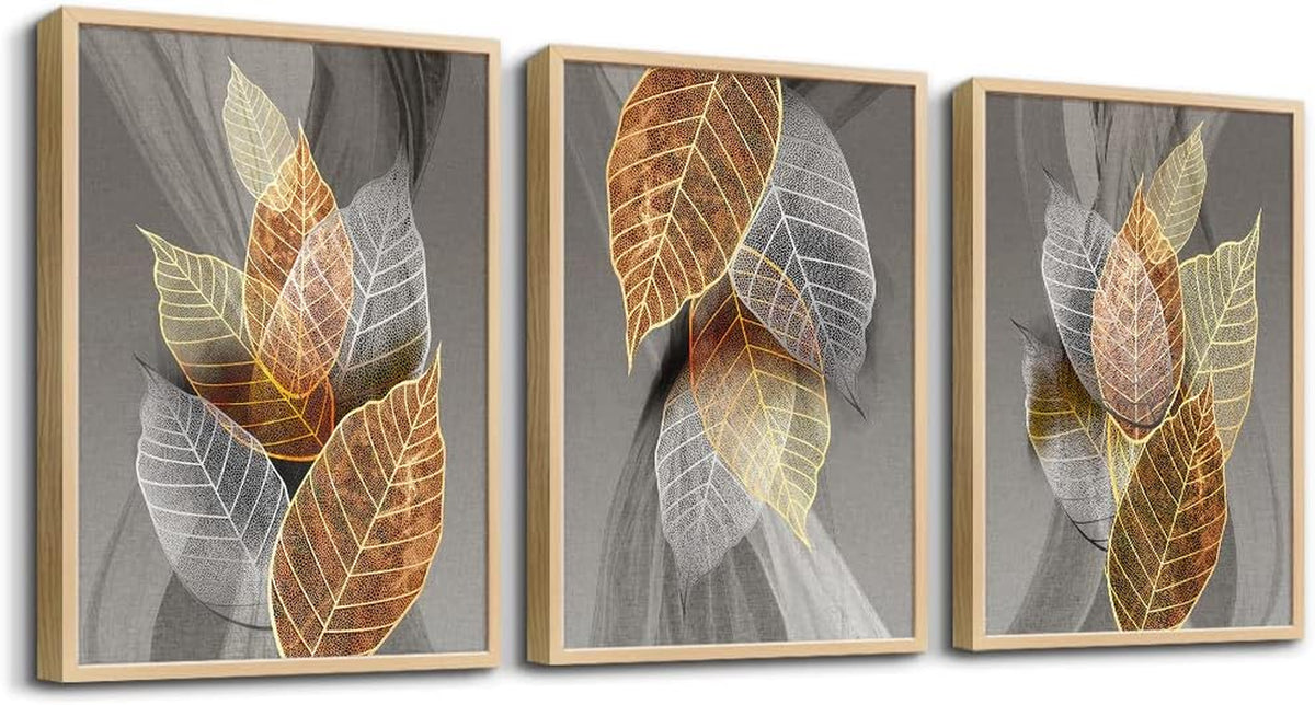 Natural Wood Framed Wall Art for Living Room Large Size Wall Decorations for Bedroom Office Wall Decor Abstract Leaves Painting Framed Wall Pictures Artwork Kitchen Home Decor of 3 Piece Art Prints