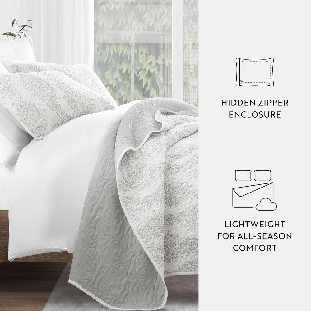 All Season 3-Pcs Distressed Damask Reversible Microfiber Quilt Set with Shams