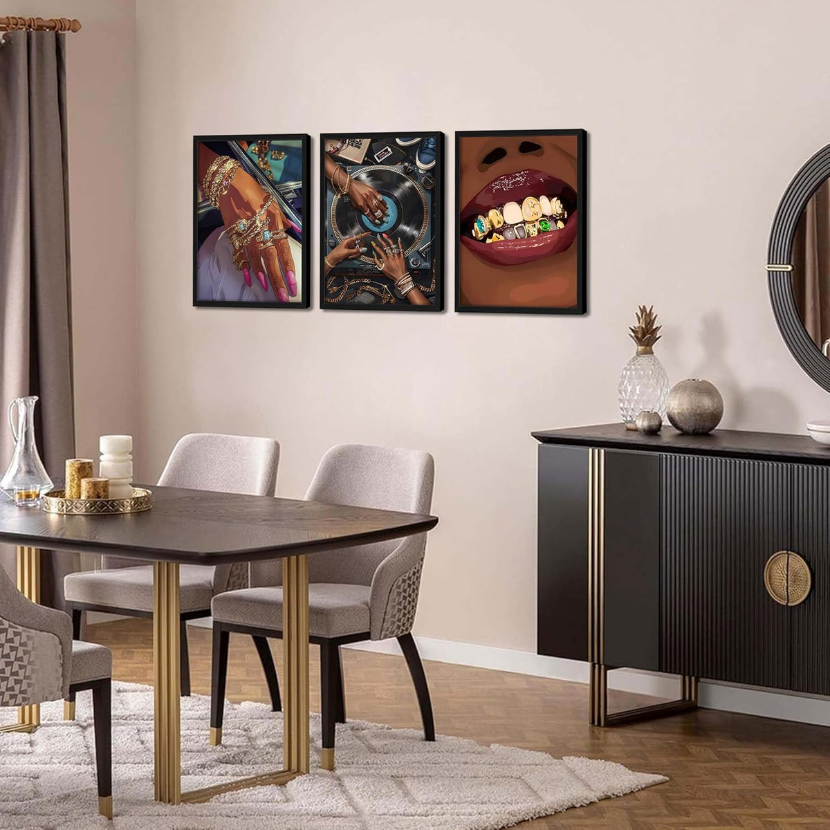 Black Girl Wall Art Set of 3, African American Black Woman Wall Decor, Fashion Abstract Women Posters Prints Pictures for Bedroom Bathroom Living Room Wood Framed 16X24 Inch