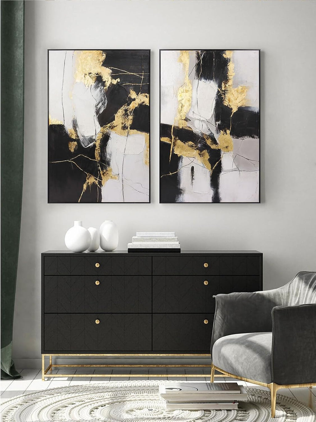 Framed Wall Art - Black and Gold Wall Art Decor - Large Abstract Canvas Wall Art for Living Room Bedroom Office