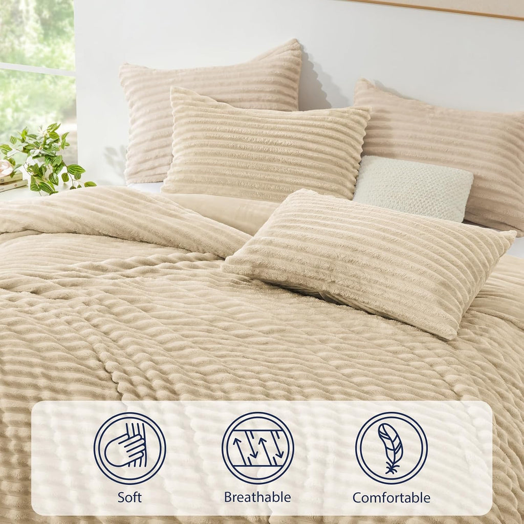 Fluffy Comforter Set King Size - Super Soft Faux Fur Stripe Jacquard Comforter 3 Pieces, Fleece Bedding Set,Winter Warm Bed Set,1 Comforter with 2 Pillowcases (Khaki)