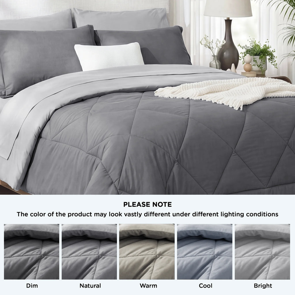 Queen Comforter Set,7 Pieces Bed in a Bag, Reversible Lightweight Bedding Set, Gray