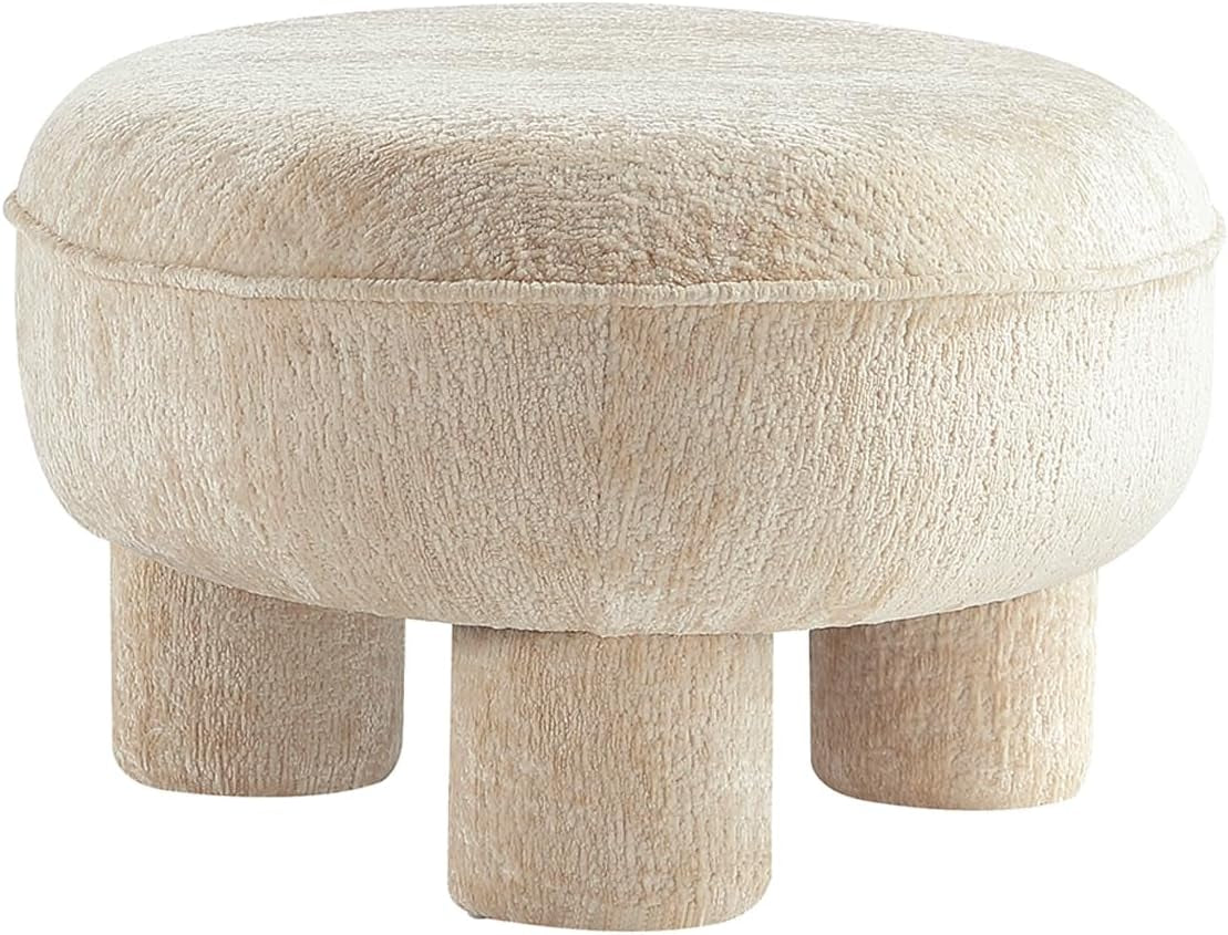 Tribeca 45.5" Mid-Century Modern Accent Ottoman in Chenille Upholstery, Fully Assembled Living Room Seating or Foot Rest with Chunky Cylinder Legs, Cream