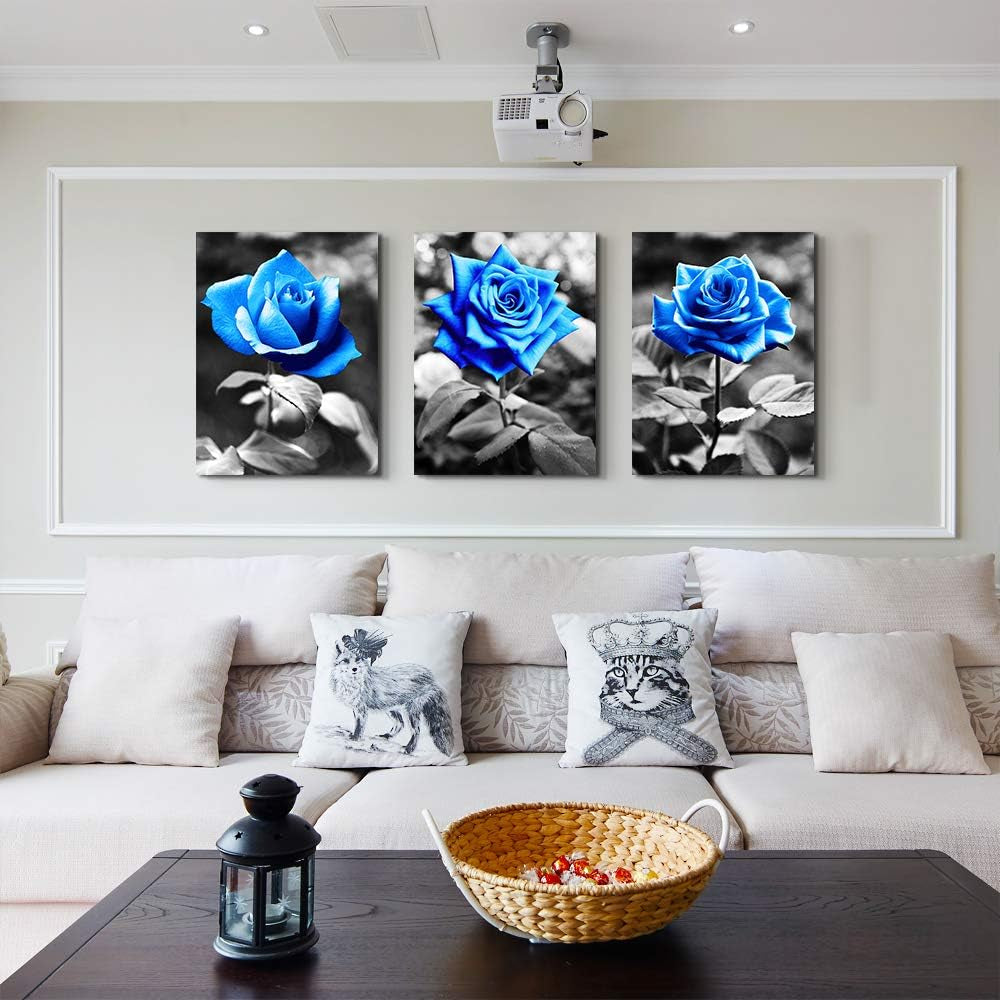 Bedroom Wall Art for Living Room Bathroom Wall Decor for Kitchen Family Pictures Artwork Black and White Blue Rose Flowers Canvas Paintings 16" X 24" 3 Pieces Framed Modern Office Home Decorations