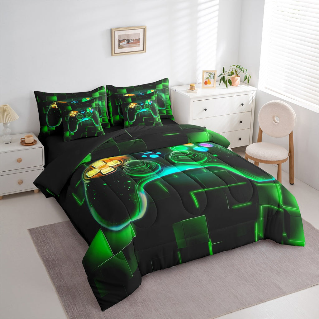 7-Piece Gamer Comforter Set, Twin, Gaming Bedding with Neon Glowing Green Geometric Patterns