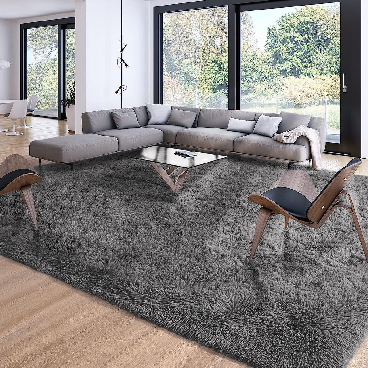 Soft Modern Indoor Large Shaggy Rug for Livingroom Bedroom Dorm Kids Room Home Decor, Non-Slip Plush Fluffy Furry Fur Area Rugs Comfy Nursery Accent Floor Carpet 9X12 Feet, Dark Grey