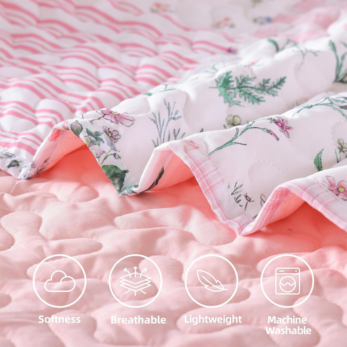Floral Quilt Set Twin Size – Ultra Soft Lightweight Bedspread, 2 Piece Pink Bedding Set (66"X90") with Pillowcases (20"X26"), All Season Coverlet for Bedroom & Guest Room