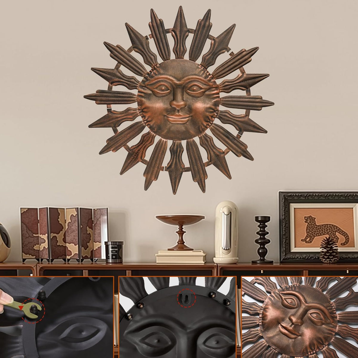 Metal Sun Wall Art Decor Outdoor Metal Wall Art Sun Outdoor,Large Wall Decorations for Garden, Sun Wall Art Metal Sun Face Art(Brown)