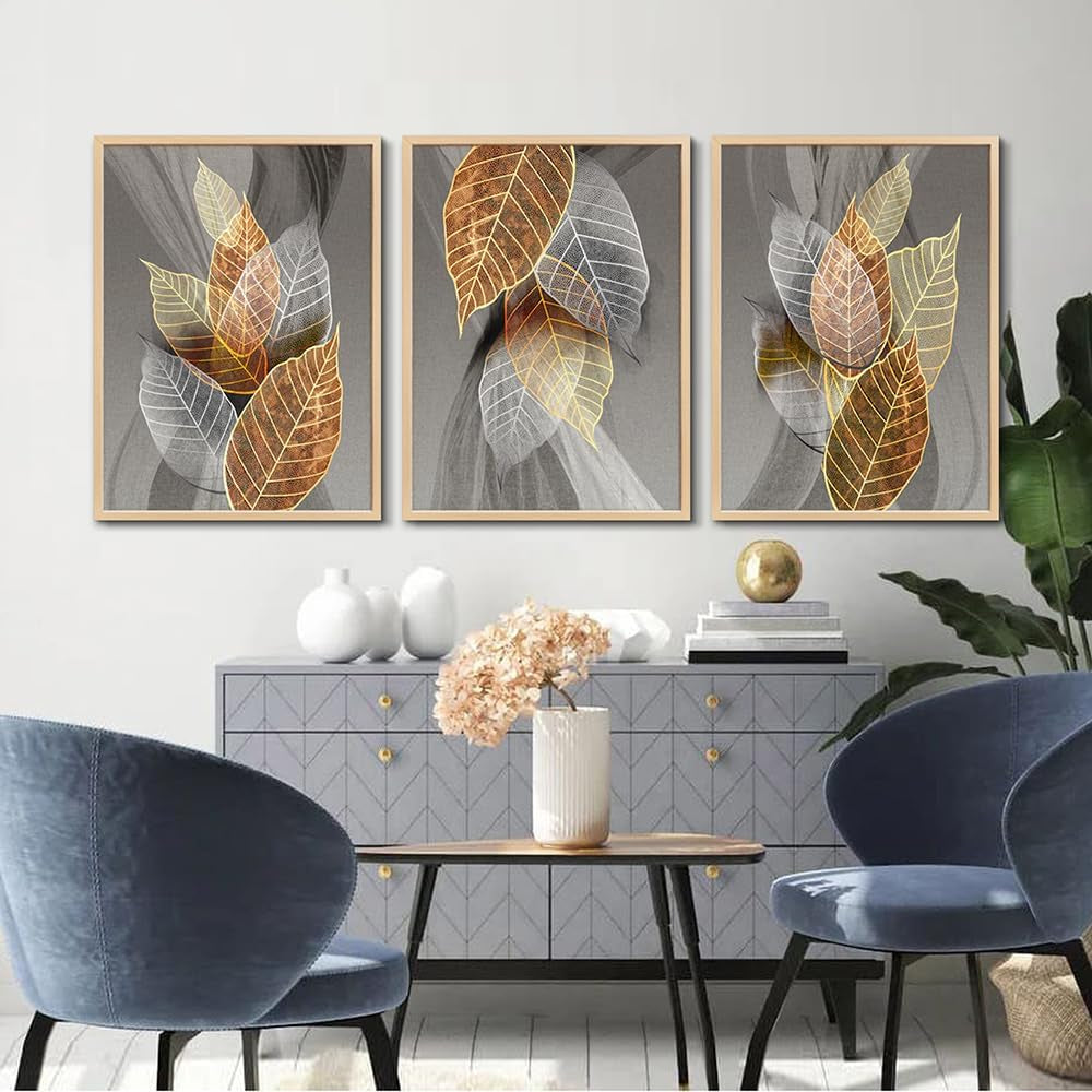 Natural Wood Framed Wall Art for Living Room Large Size Wall Decorations for Bedroom Office Wall Decor Abstract Leaves Painting Framed Wall Pictures Artwork Kitchen Home Decor of 3 Piece Art Prints
