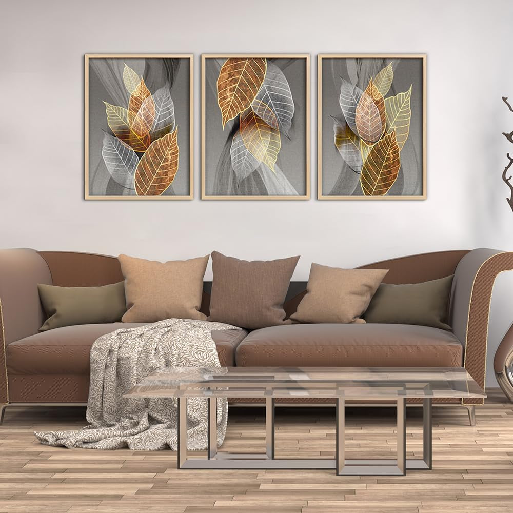 Natural Wood Framed Wall Art for Living Room Large Size Wall Decorations for Bedroom Office Wall Decor Abstract Leaves Painting Framed Wall Pictures Artwork Kitchen Home Decor of 3 Piece Art Prints