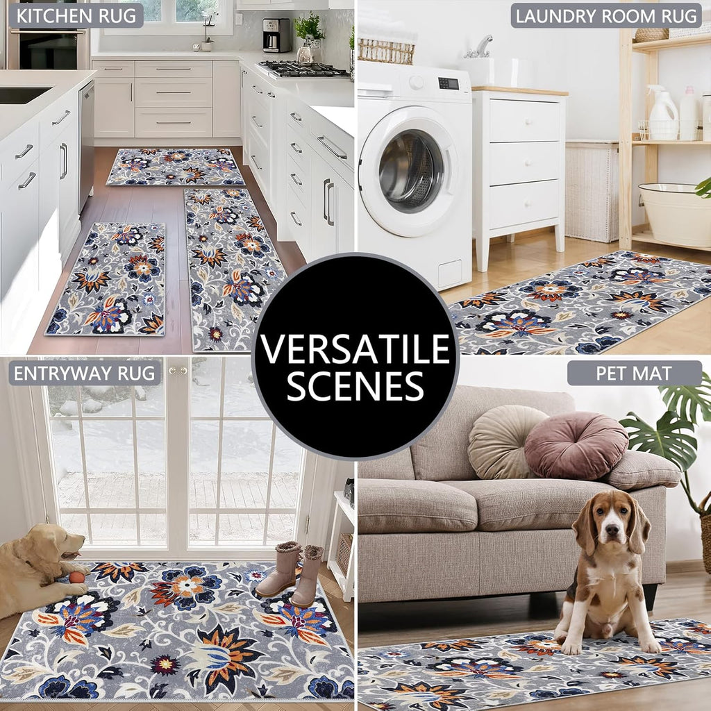 Boho Kitchen Mats 3 Piece Set Kitchen Rugs Non Slip Kitchen Mats for Floor Washable Kitchen Rugs and Mats Floral Kitchen Runner Rugs for Hallway Kitchen Laundry