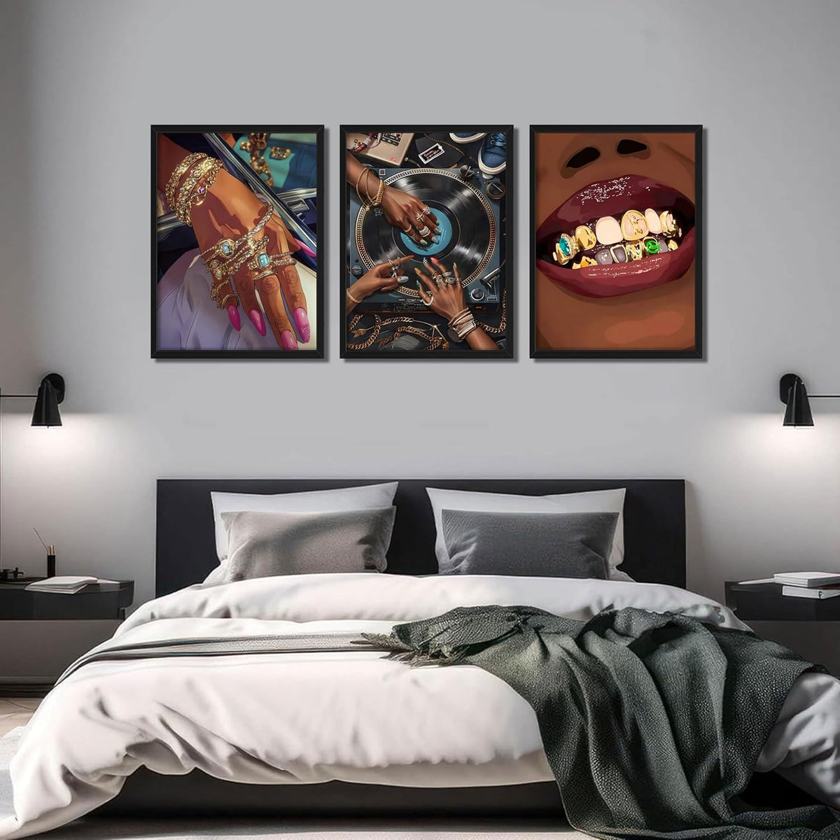 Black Girl Wall Art Set of 3, African American Black Woman Wall Decor, Fashion Abstract Women Posters Prints Pictures for Bedroom Bathroom Living Room Wood Framed 16X24 Inch