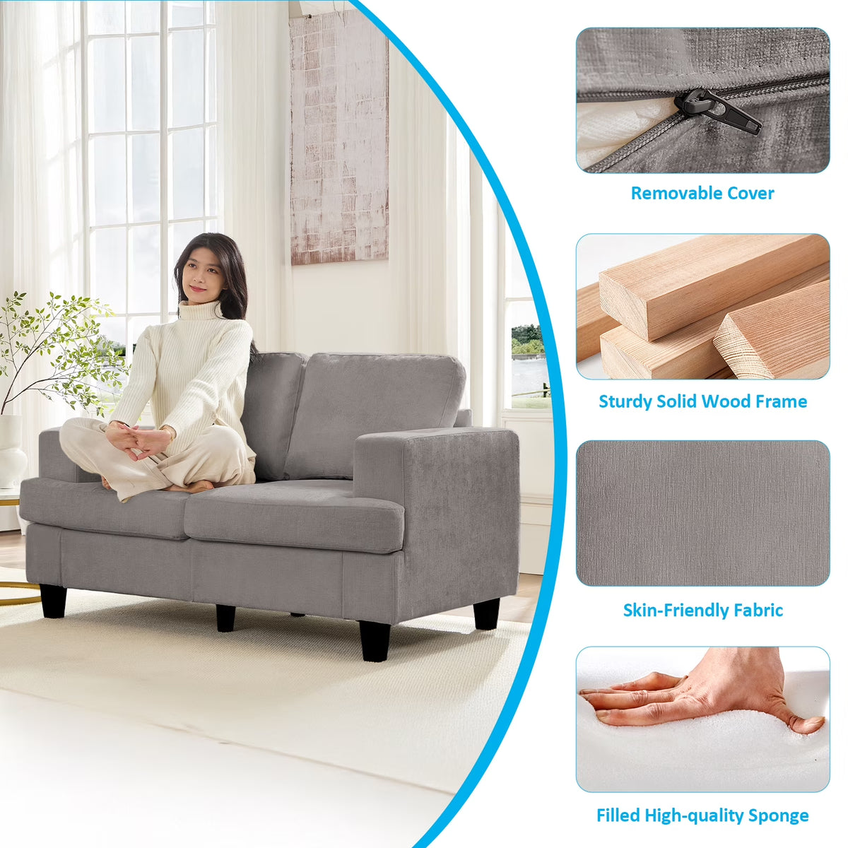 3 Piece Living Room Furniture Sets, Modern Chenille Sofa Set for Living Room/Small Spaces, Sofa, Loveseat and Armchair, Light Gray
