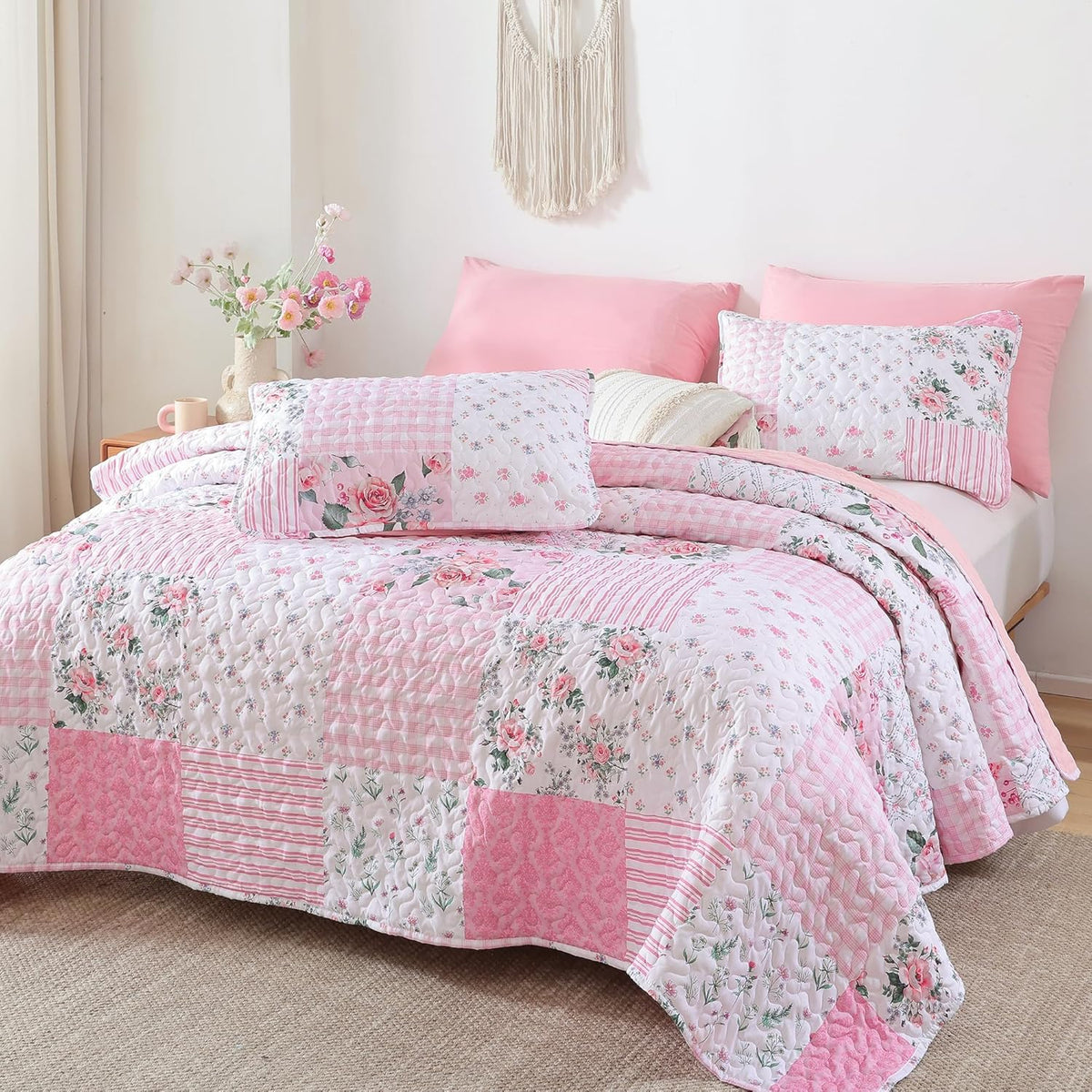 Floral Quilt Set Twin Size – Ultra Soft Lightweight Bedspread, 2 Piece Pink Bedding Set (66"X90") with Pillowcases (20"X26"), All Season Coverlet for Bedroom & Guest Room