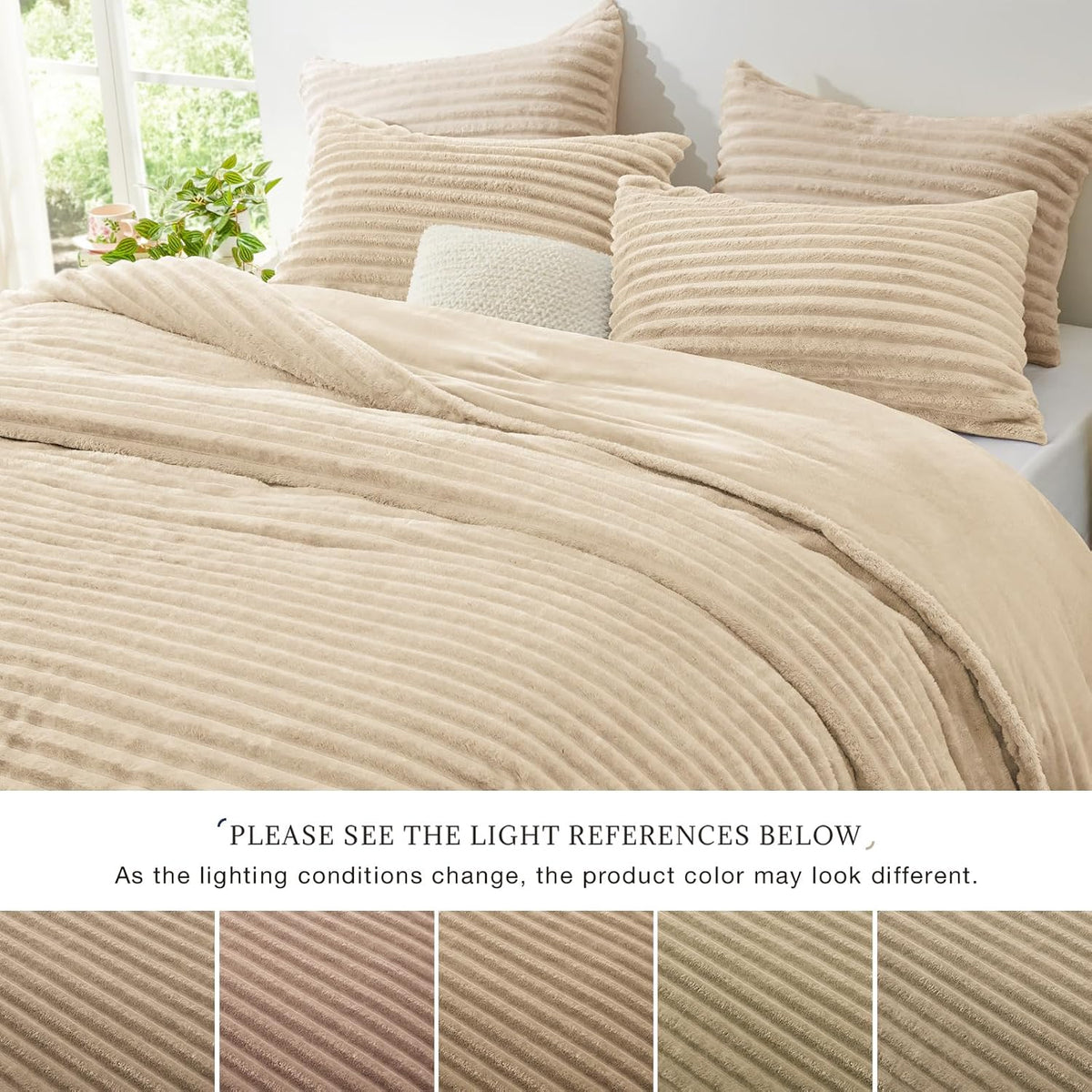 Fluffy Comforter Set King Size - Super Soft Faux Fur Stripe Jacquard Comforter 3 Pieces, Fleece Bedding Set,Winter Warm Bed Set,1 Comforter with 2 Pillowcases (Khaki)