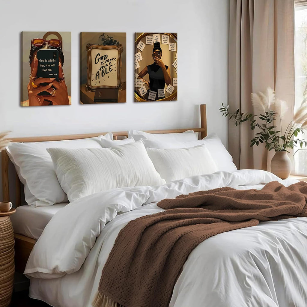 Framed Black Girl Wall Art Set of 3, Fashion Inspirational Black Woman Wall Decor Paintings, African American Positive Affirmations Pictures Canvas Prints for Living Room Bedroom Office 16X24 Inch