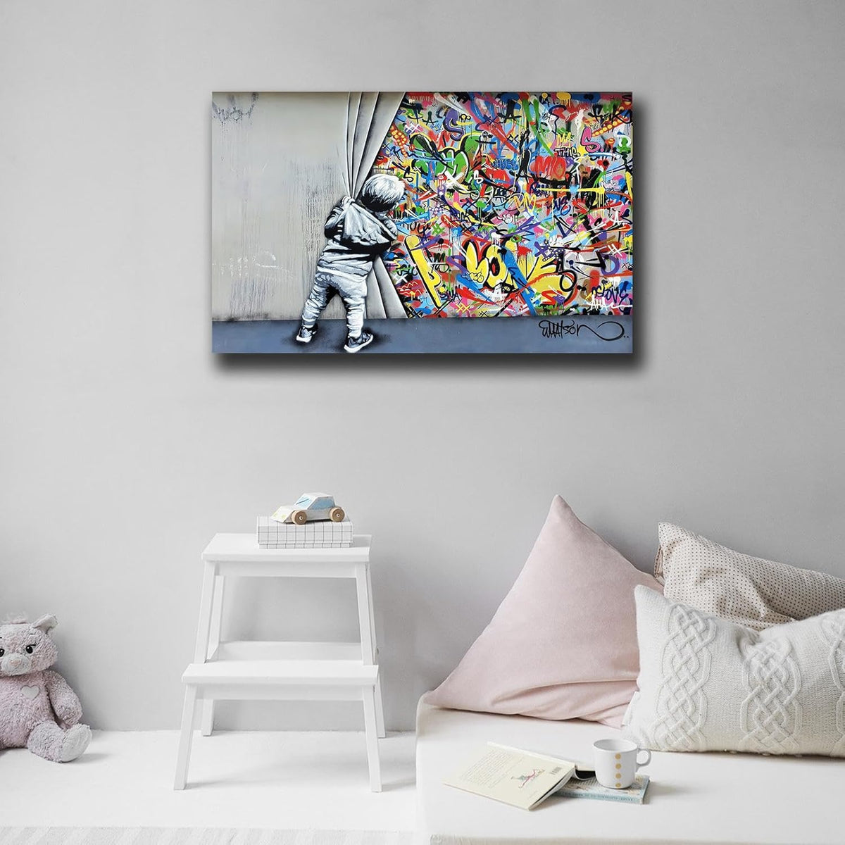 Banksy Canvas Wall Art Pop Street Graffiti Wall Art Decor Cool Poster Paintings Colorful for Men Ready to Hang for Living Room Bedroom Home Bathroom Wall Decor 16X24In Framed