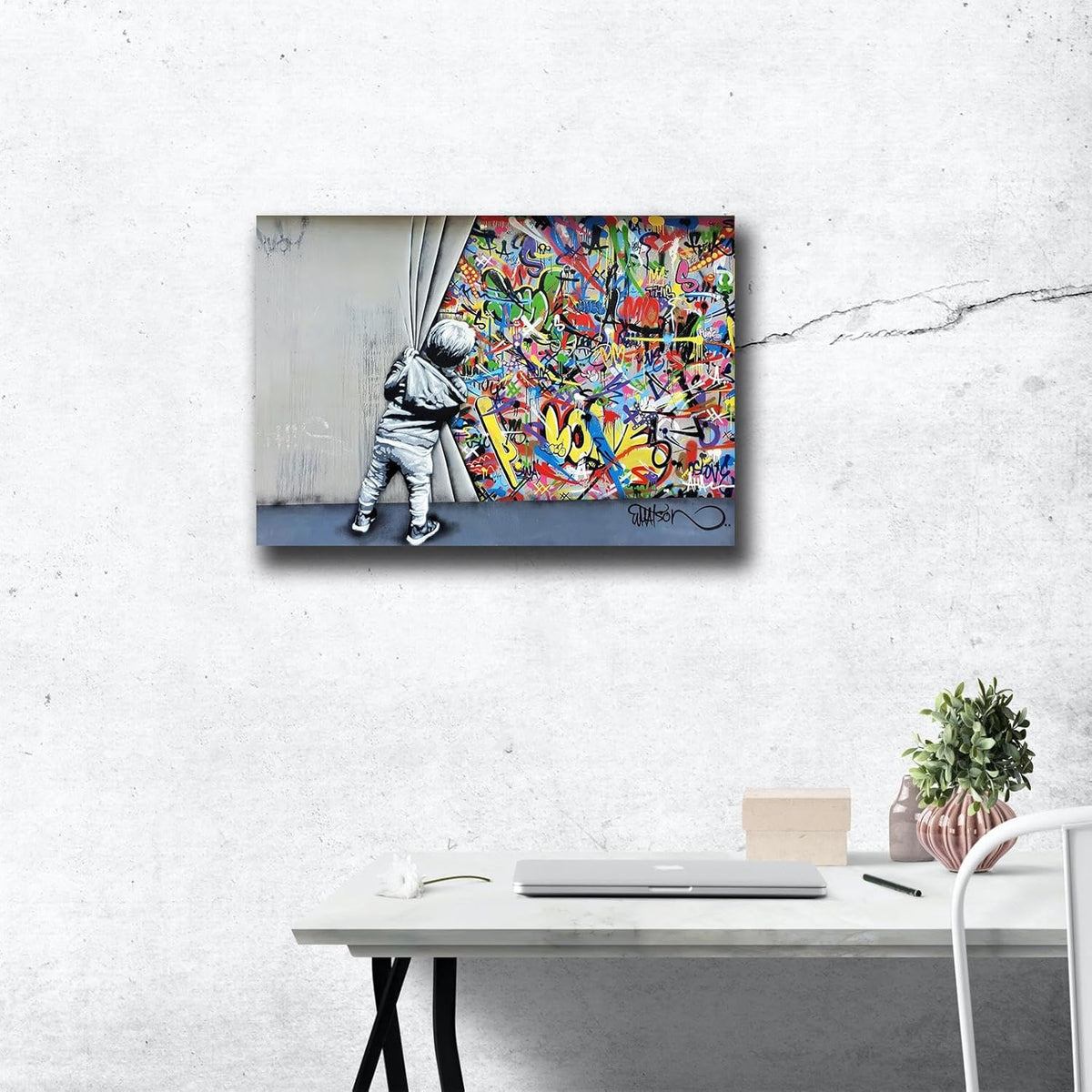 Banksy Canvas Wall Art Pop Street Graffiti Wall Art Decor Cool Poster Paintings Colorful for Men Ready to Hang for Living Room Bedroom Home Bathroom Wall Decor 16X24In Framed