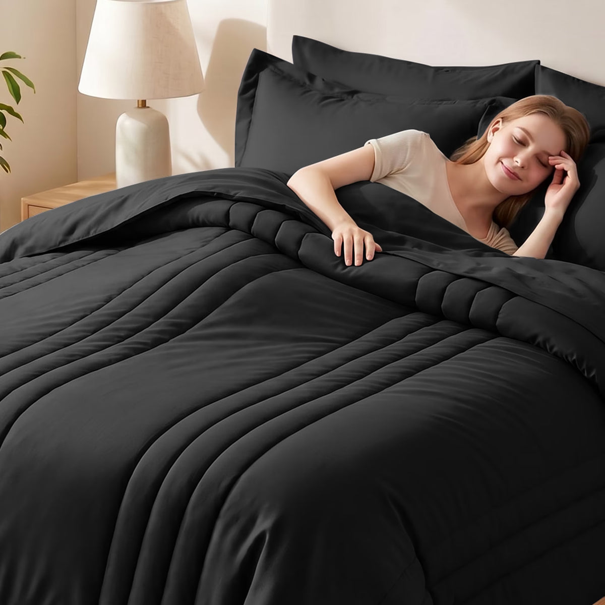7-Piece Bed in Bag - Queen Size Striped Comforter Sets, Pillowcases & Sheet Collection for Cozy Bedding Sets - Black