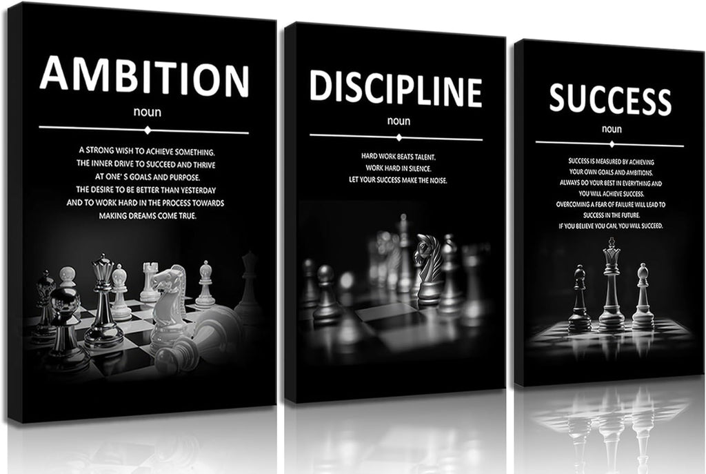 Motivational Wall Decor Inspirational Office Canvas Wall Art Quotes Prints Artwork Success Ambition Discipline Encouraging Pictures for Study Room Gym Sayings Home Decoration 12” X16” X3Pcs