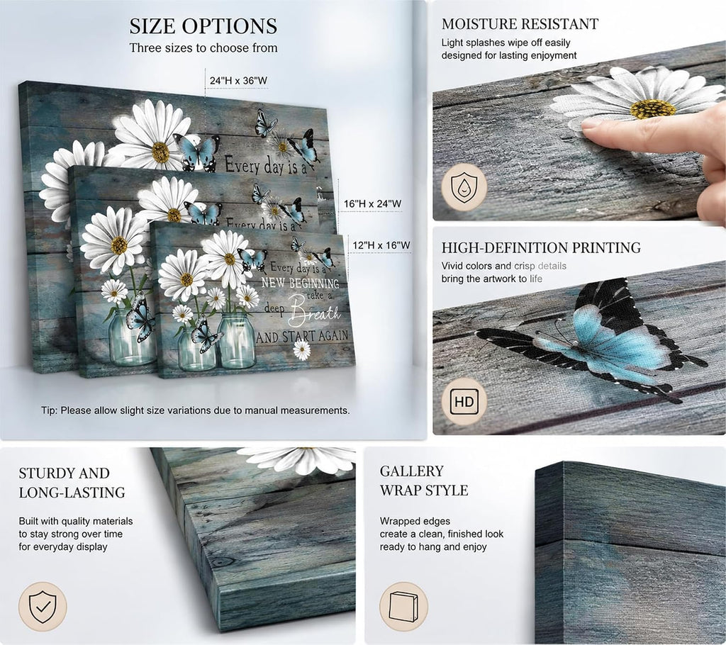 Daisy Canvas Wall Art Butterfly Wall Decor Inspirational Poster Print Flower Picture Painting Still Life Suitable for Country Farmhouse Bedroom Bathroom Rustic Wall Decoration (Blue, 36X24In Canvas)
