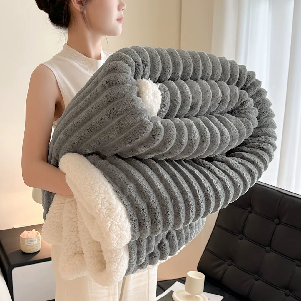 Cozy Fluffy Coral Fleece Blanket Thick Warm Striped Winter Duvets Soft Plush Sofa Throw Blanket Queen Bedroom Bedspread for Home