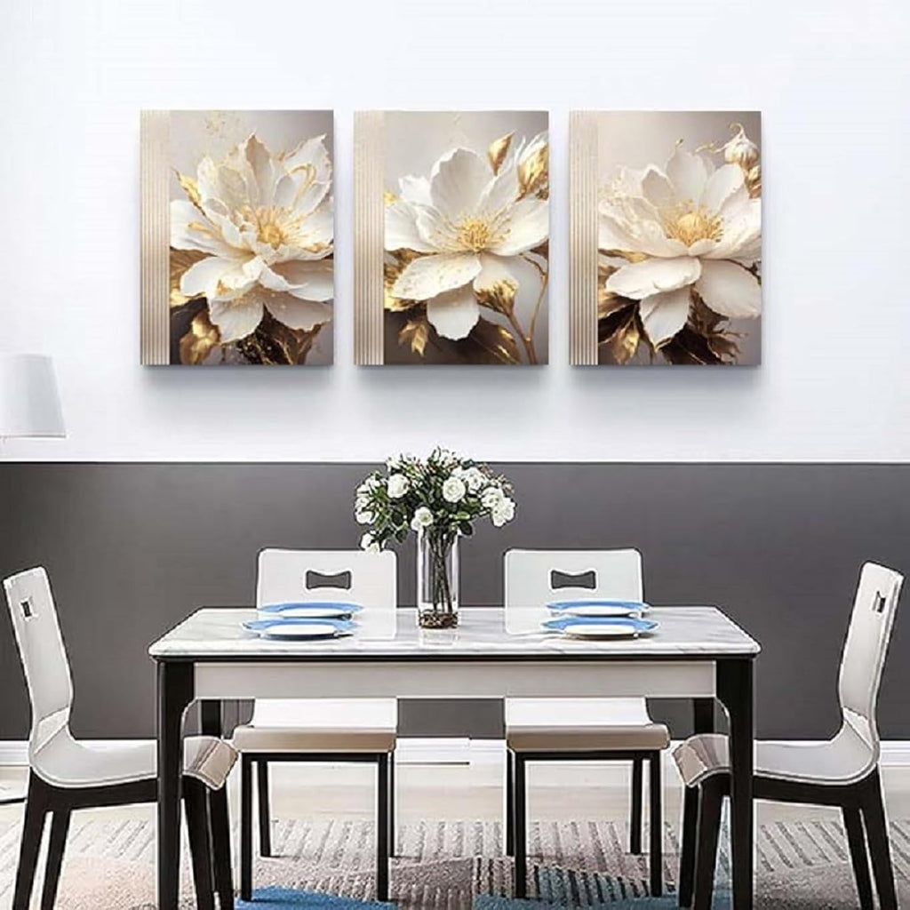 Flower Canvas Wall Decor Living Room Bathroom Wall Art Paintings for Bedroom Wall Art Dining Room White Floral Picture Poster Artwork Modern Framed Art Prints 3 Piece Home Decorations