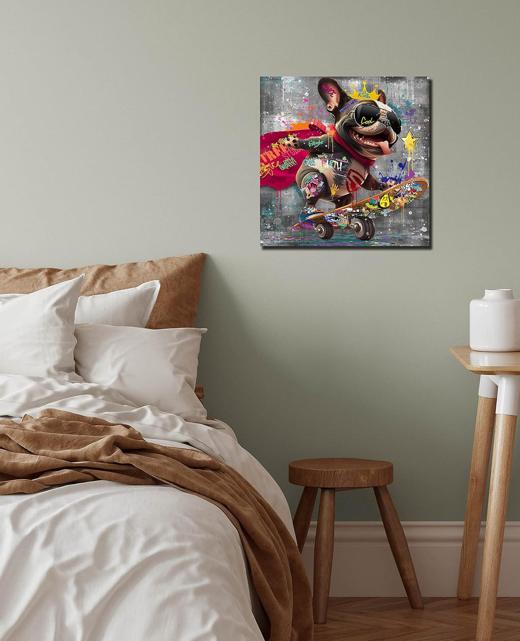 Funny Canvas Wall Art Funky Dog Play Skateboard Graffiti Picture Cool Wall Decor Ready to Hang for Bedroom Kids Room Size 14”W X 14”H