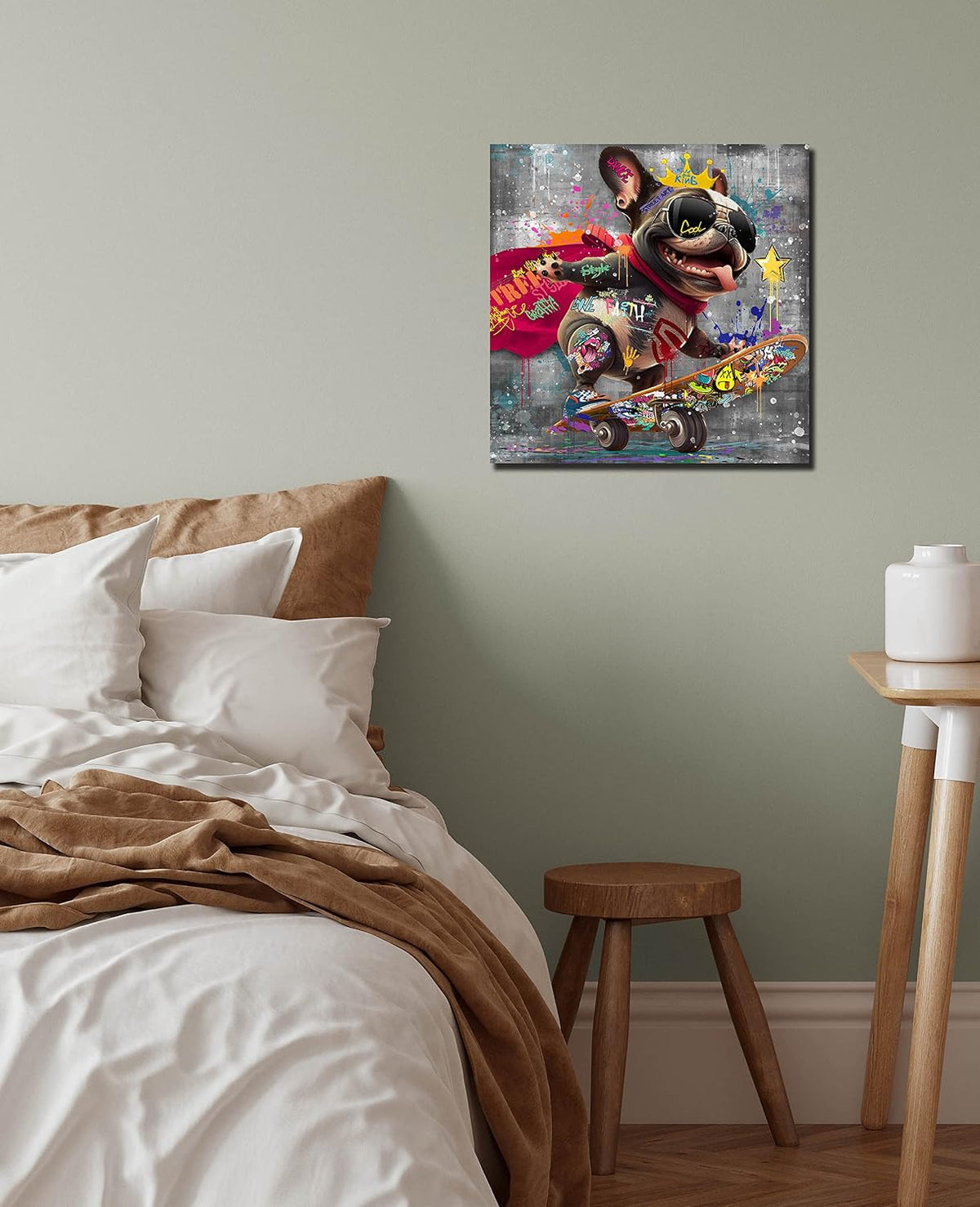 Funny Canvas Wall Art Funky Dog Play Skateboard Graffiti Picture Cool Wall Decor Ready to Hang for Bedroom Kids Room Size 14”W X 14”H