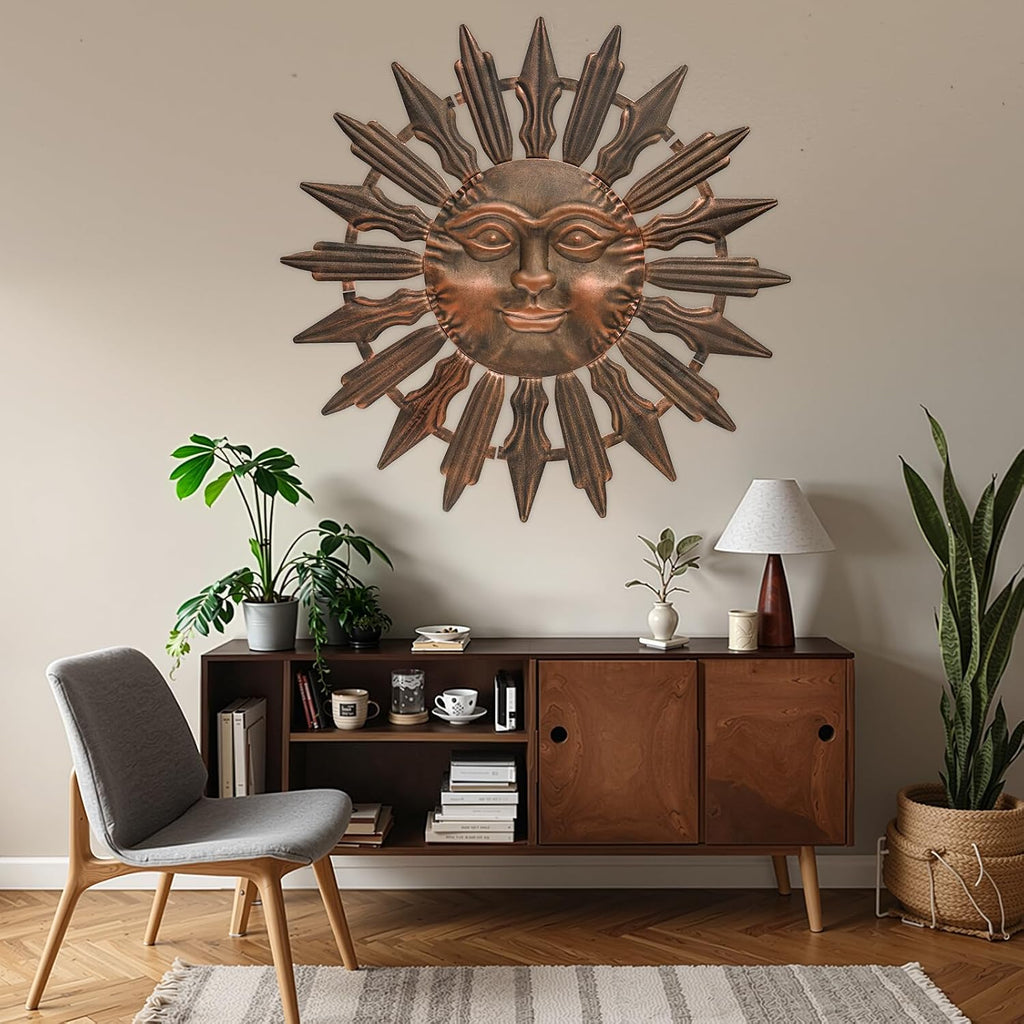 Metal Sun Wall Art Decor Outdoor Metal Wall Art Sun Outdoor,Large Wall Decorations for Garden, Sun Wall Art Metal Sun Face Art(Brown)