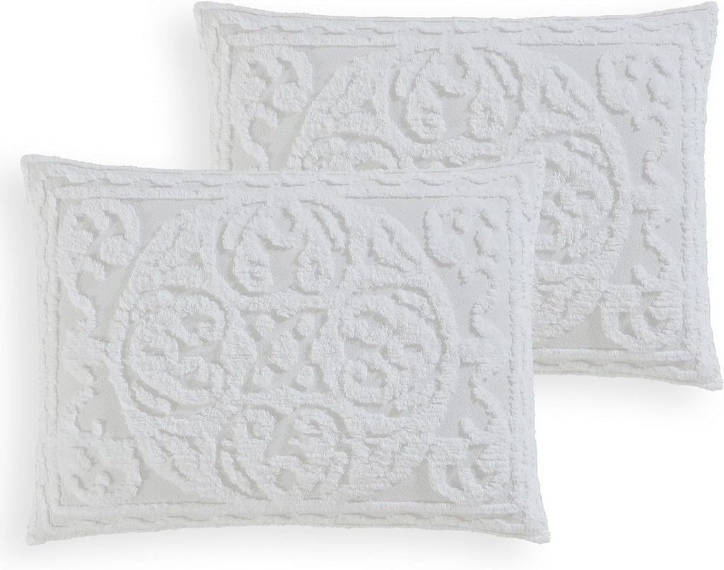 Medallion Tufted Chenille Comforter 3-Piece Set, Cotton, All Season Cozy Bedding, Queen, White