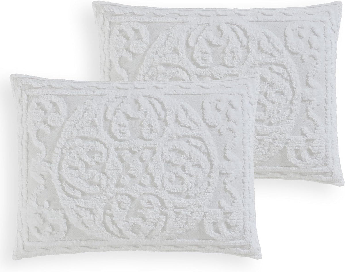 Medallion Tufted Chenille Comforter 3-Piece Set, Cotton, All Season Cozy Bedding, Queen, White