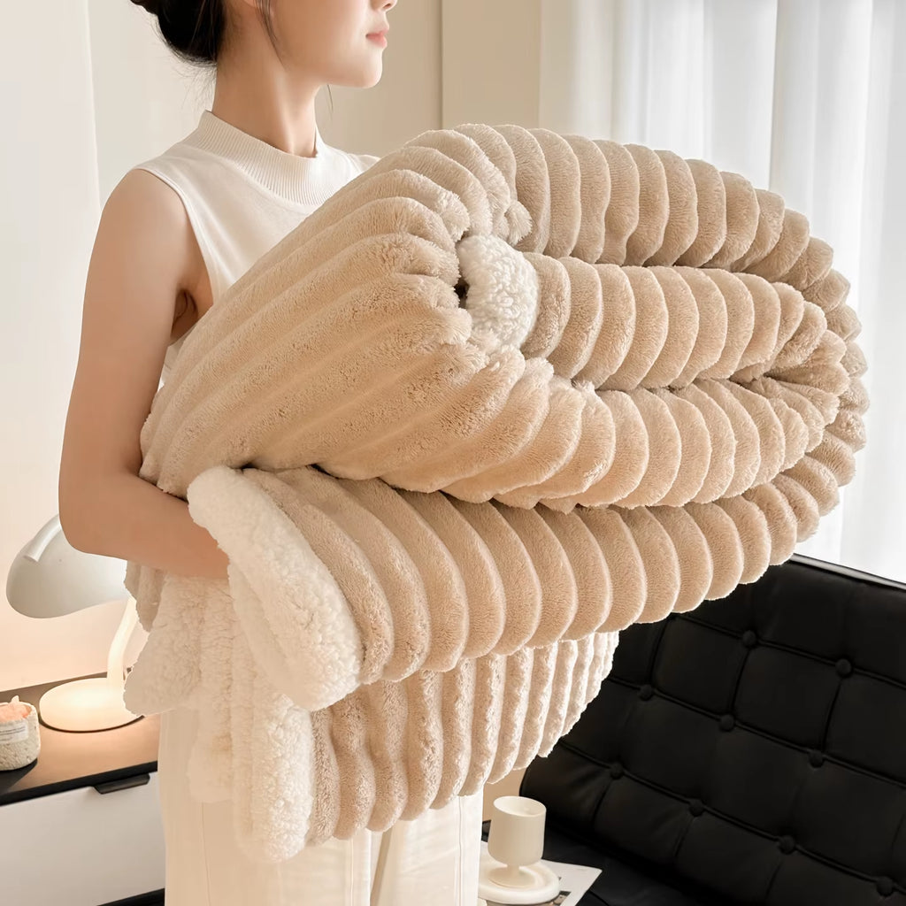 Cozy Fluffy Coral Fleece Blanket Thick Warm Striped Winter Duvets Soft Plush Sofa Throw Blanket Queen Bedroom Bedspread for Home