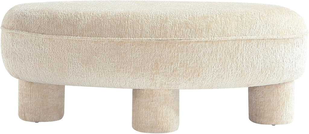 Tribeca 45.5" Mid-Century Modern Accent Ottoman in Chenille Upholstery, Fully Assembled Living Room Seating or Foot Rest with Chunky Cylinder Legs, Cream