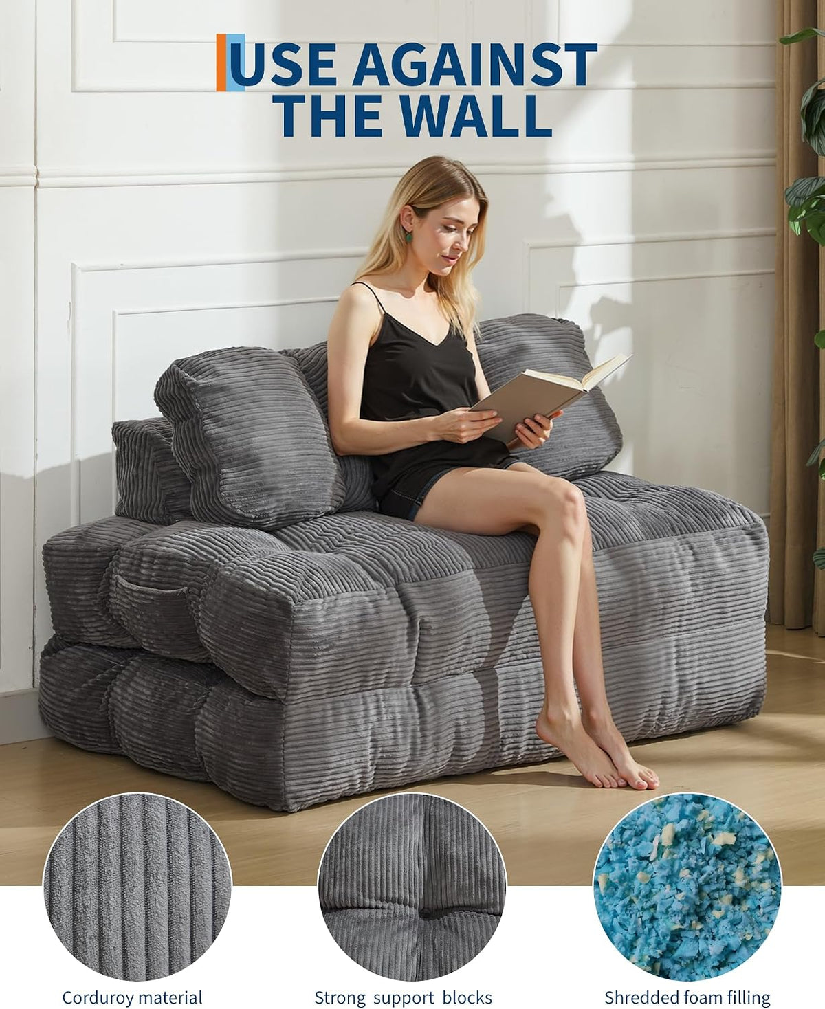Folding Sofa Bed, Convertible Sofa Bed for 2 Person, Free Install Comforty Sleeper Sofa with Pillow, Compact and Versatile Sofa Couch for Guest Room, Portable Floor Lounge for Living Room, Dark Grey