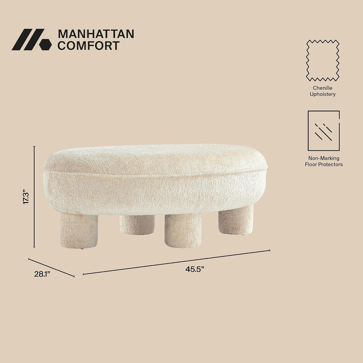 Tribeca 45.5" Mid-Century Modern Accent Ottoman in Chenille Upholstery, Fully Assembled Living Room Seating or Foot Rest with Chunky Cylinder Legs, Cream