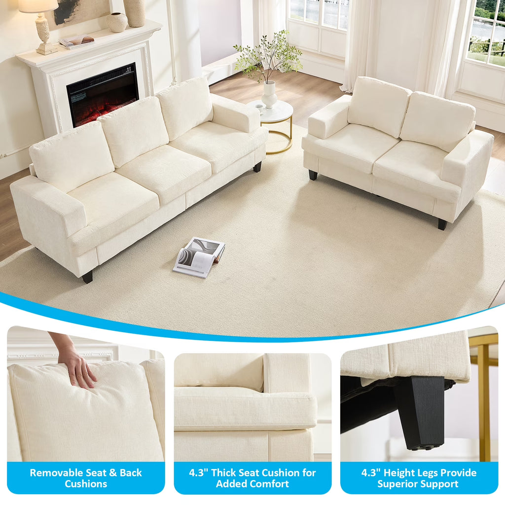 2 Piece Living Room Sofa Set, Chenille 3 Seat Sofa and Loveseat Sets, Modern Sectional Couch Sets for Living Room/Apartment/Office, Beige