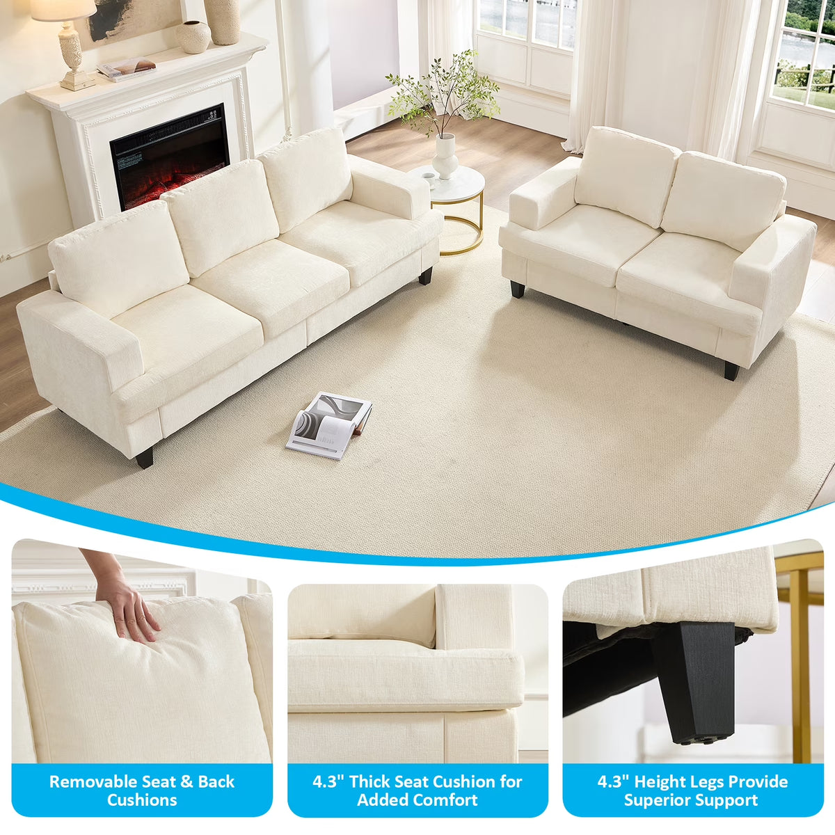 2 Piece Living Room Sofa Set, Chenille 3 Seat Sofa and Loveseat Sets, Modern Sectional Couch Sets for Living Room/Apartment/Office, Beige