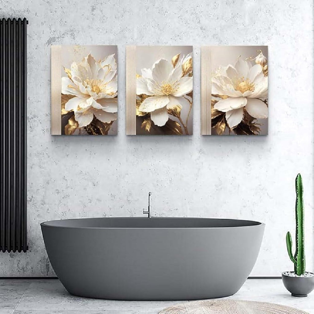 Flower Canvas Wall Decor Living Room Bathroom Wall Art Paintings for Bedroom Wall Art Dining Room White Floral Picture Poster Artwork Modern Framed Art Prints 3 Piece Home Decorations