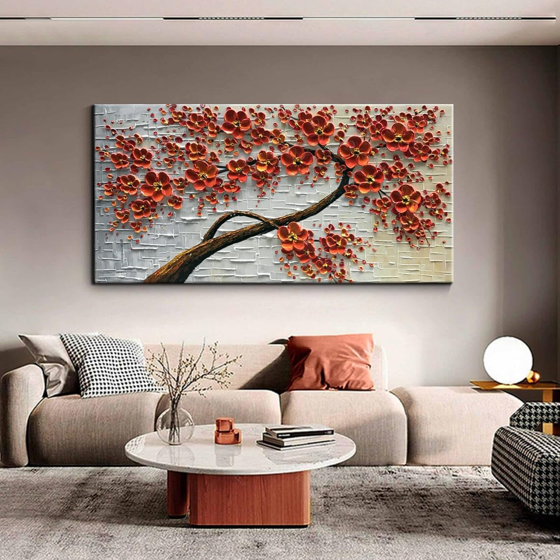 - 48X24Inch Canvas Wall Art, Hand Painted Oil Painting ,Abstract 3D Texture Wall Art Pictures, Red Floral Paintings, Modern Home Bedroom Wall Art Decor, Wall Art for Living Room, Large Framed Oil Painting.