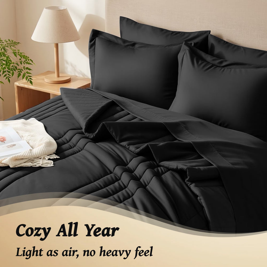 7-Piece Bed in Bag - Queen Size Striped Comforter Sets, Pillowcases & Sheet Collection for Cozy Bedding Sets - Black