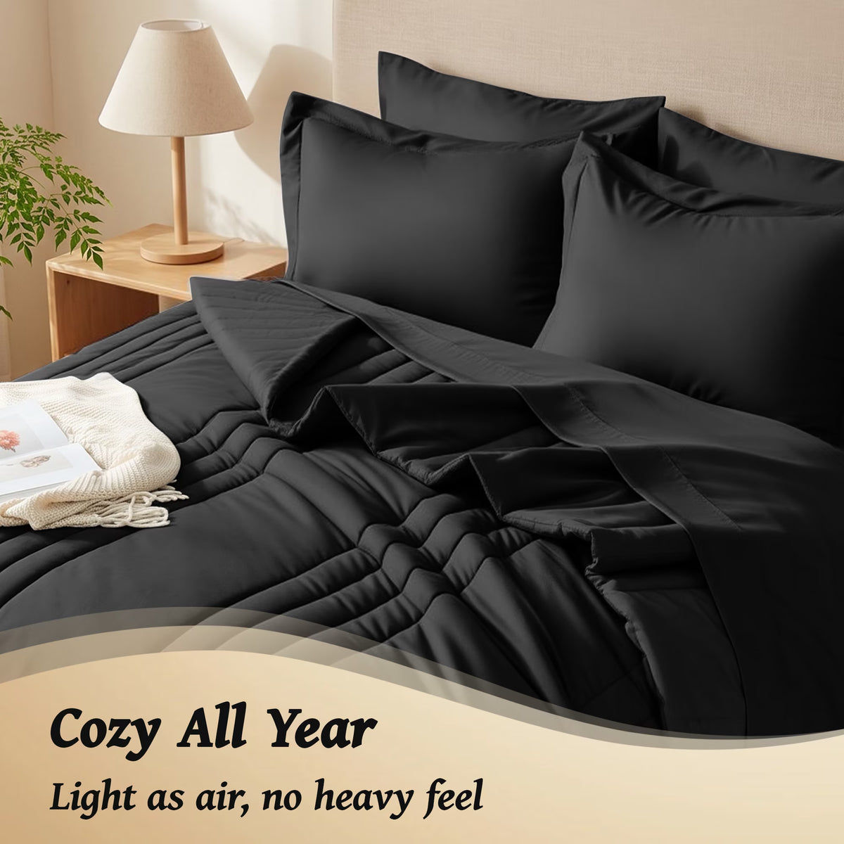 7-Piece Bed in Bag - Queen Size Striped Comforter Sets, Pillowcases & Sheet Collection for Cozy Bedding Sets - Black